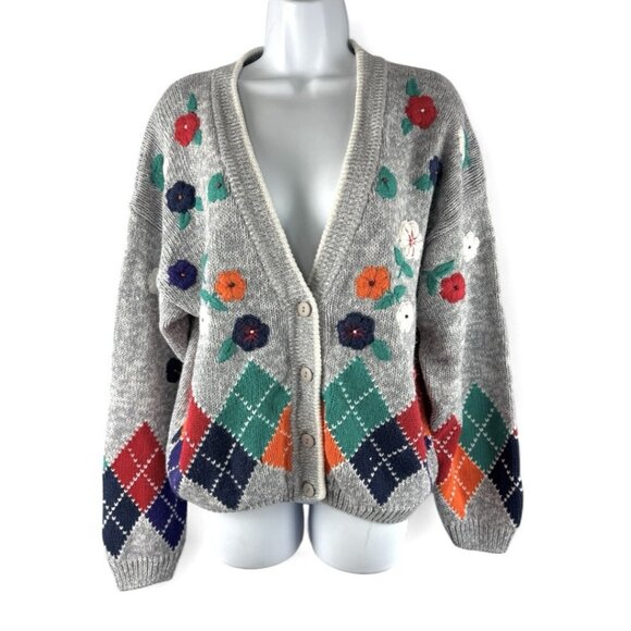 Vtg Cardigan Sweater Women L Floral Yarn Embroidery Argyle Chunky 90s Y2K Preppy - Picture 2 of 11